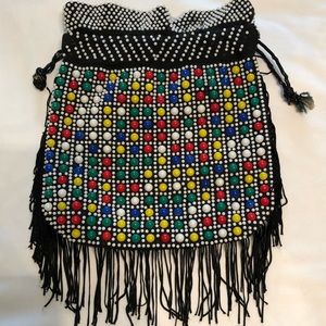 Vintage Beaded Bag Black with Beads Fringe Hippie Retro